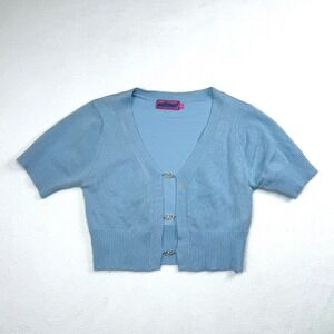 Edikted Light Blue Cropped Short Sleeve Cardigan Rhinestone Buckle Top Small